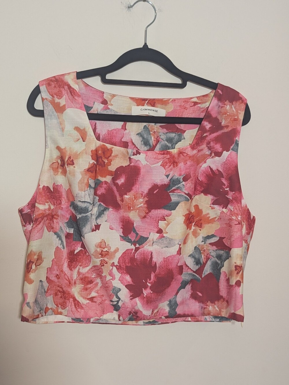 COMMENSE Floral Print Sleeveless Crop Top Size L Pink Multicolor Square Neck
